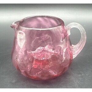VTG Pilgrim Cranberry Pink Glass Swirl Creamer Pitcher Applied Handle 3.5”